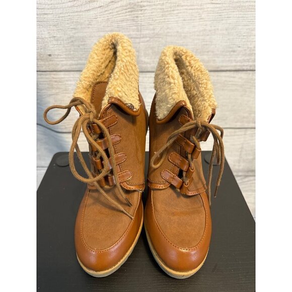 H&M Vintage-Style Brown Lace-Up Boots With Faux Fur Lining & Chunky Heel Size 8 - Picture 2 of 5